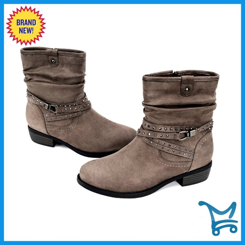 Women's Mid Calf Boots Round Toe Low Heel Slouchy Bootie Side Zipper Buckle